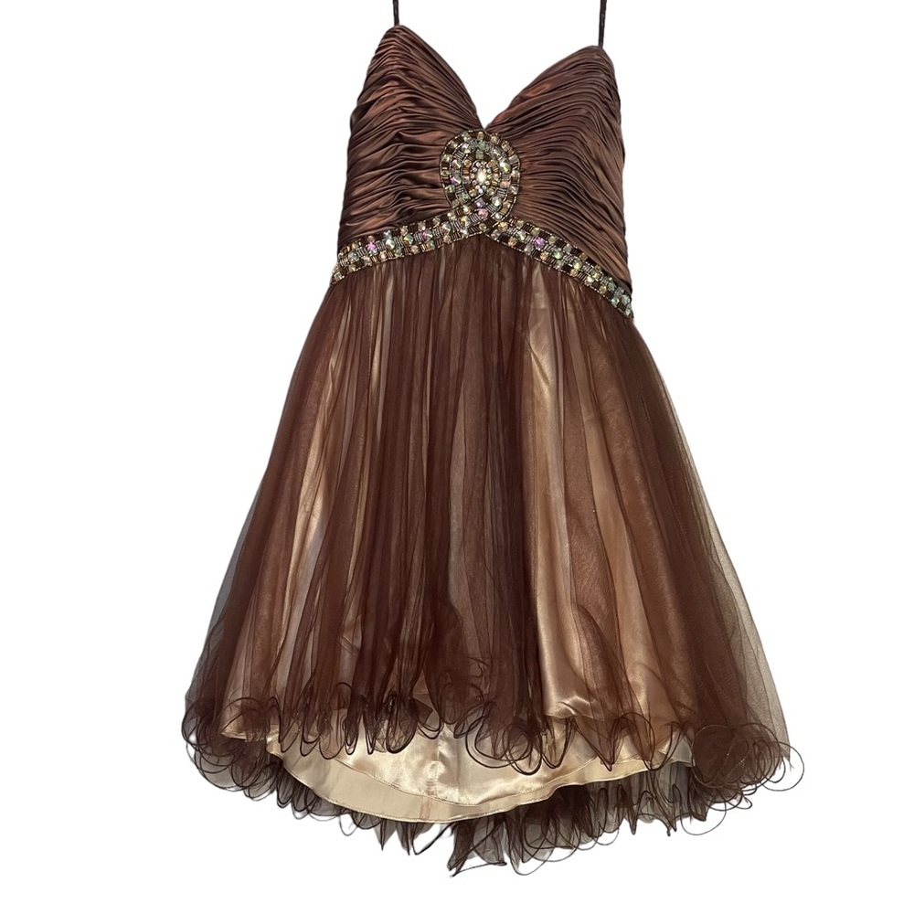 Camille La Vie Brown Beaded Ruched Neckline Strapless Tulle Cocktail Dress Sz 12